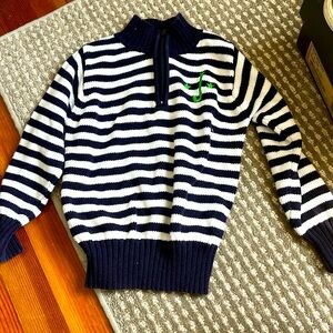 Quarter zip striped sweater. Navy white stripe. Green J  & star embroidery. 2T